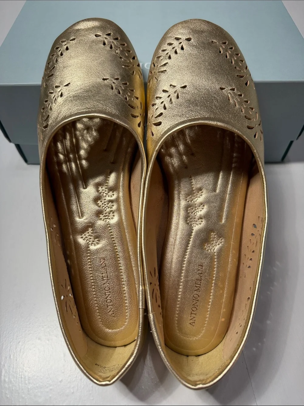 Antonio Melani Glimmer Gold Leather Ballet Flats - Lightweight Slip-On 8.5 NWT